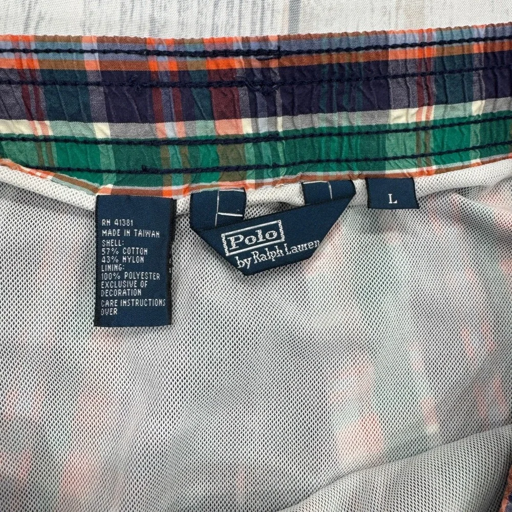 VTG Polo Ralph Lauren Bathing Suit L Swim Trunks Blue Green Plaid Mesh Mens Pony